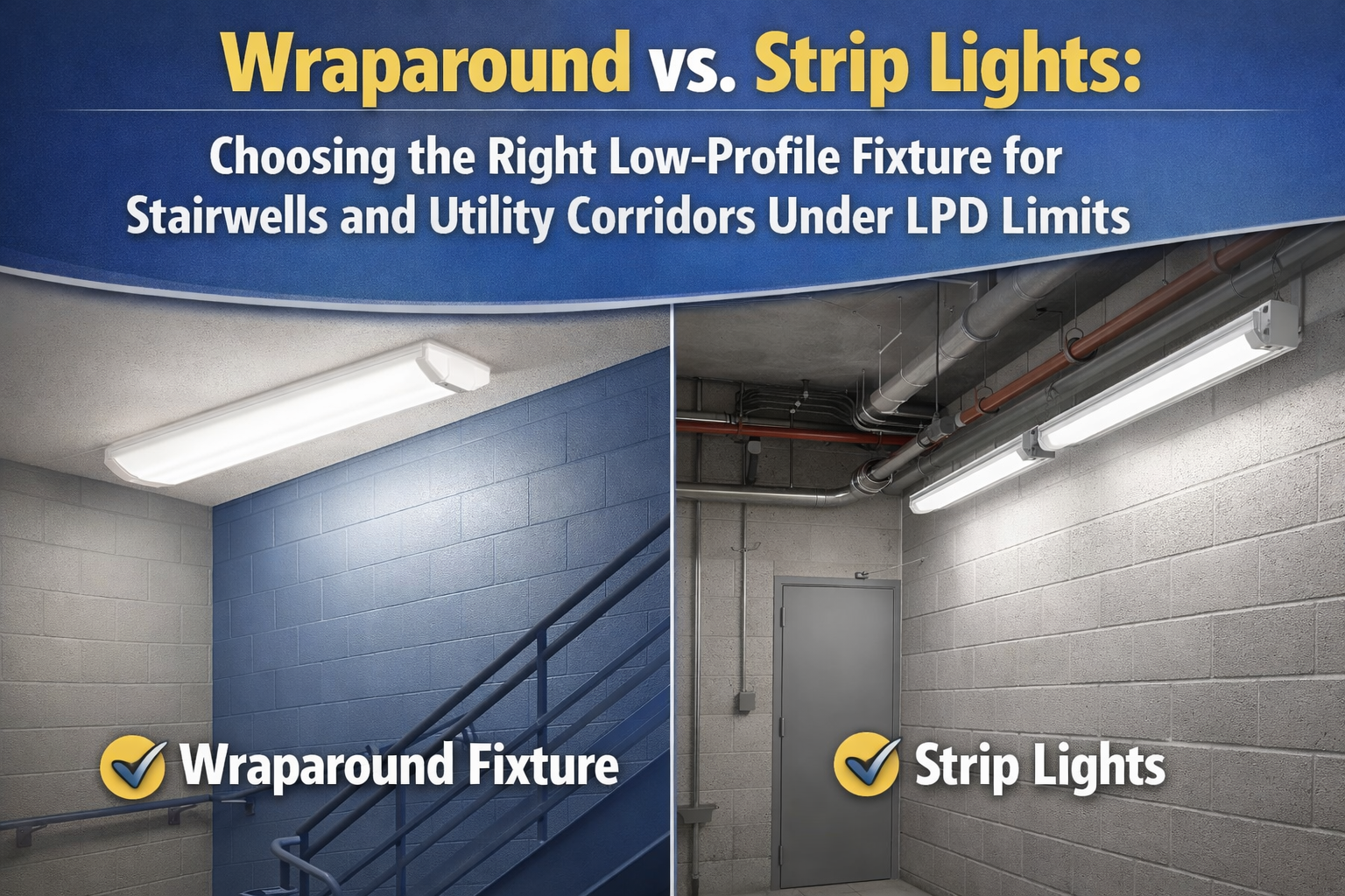 Comparison of LED wraparound fixtures and LED strip lights in commercial stairwells and utility corridors designed to meet lighting power density (LPD) limits