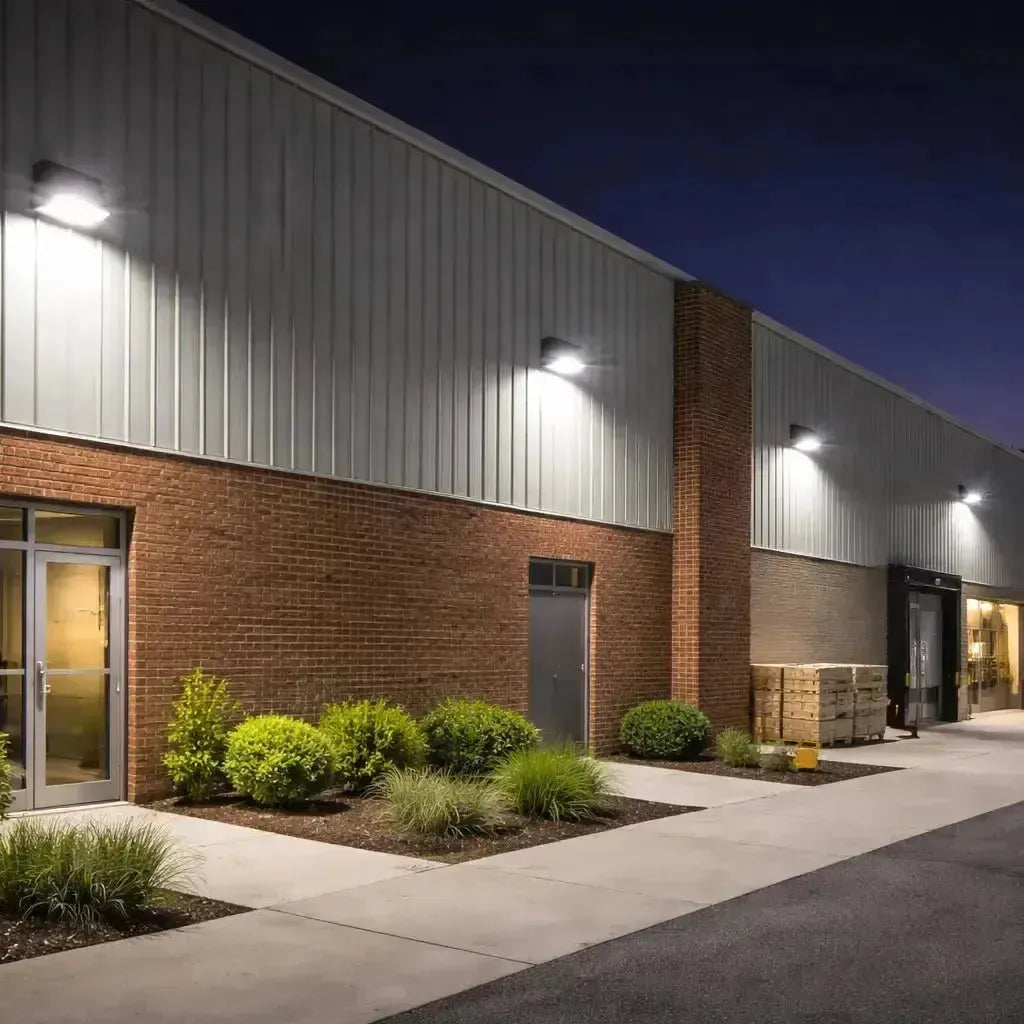 LED wall pack lights illuminating a commercial building exterior and adjacent walkway at night