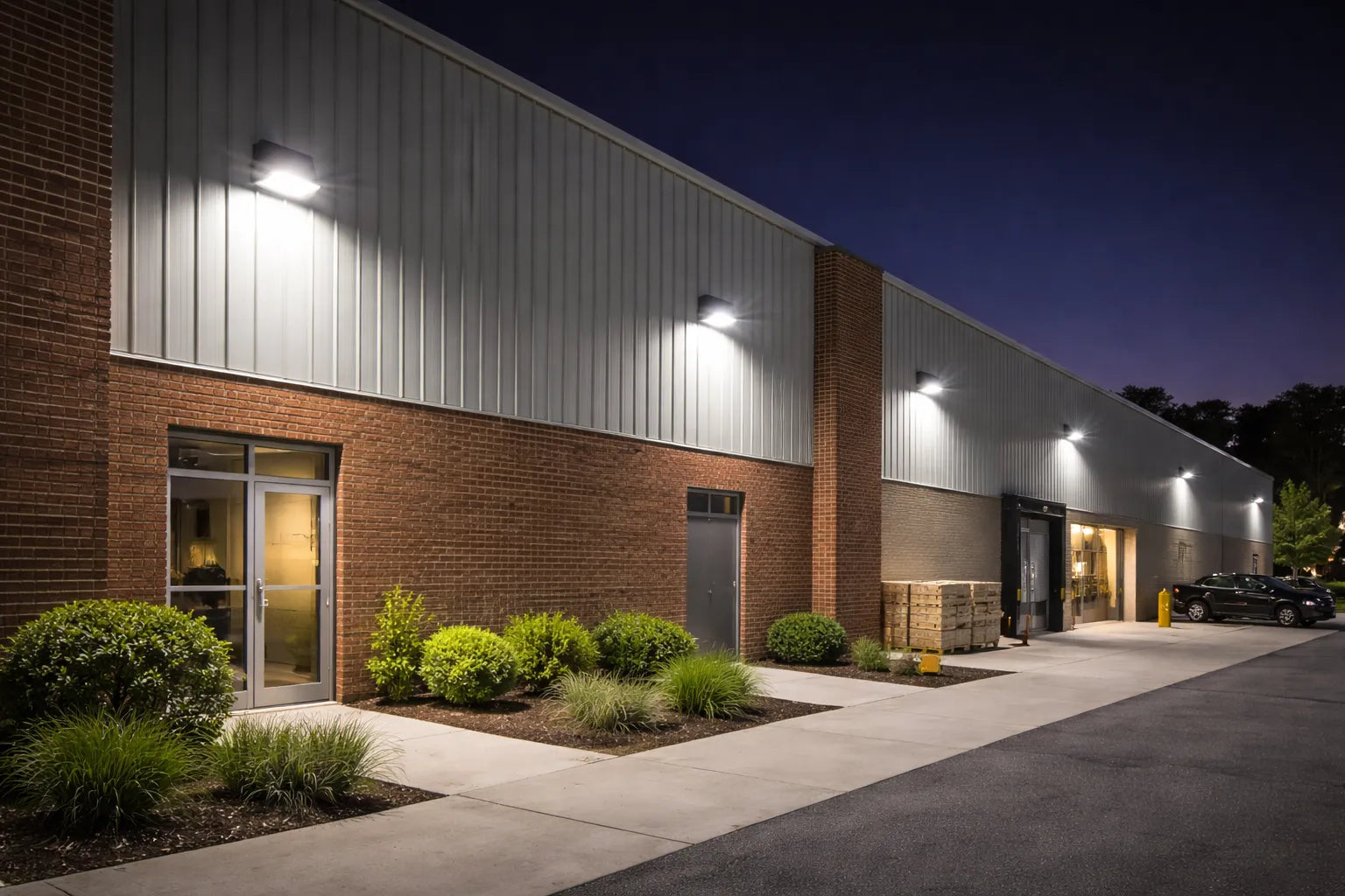 LED wall pack lights illuminating a commercial building exterior and adjacent walkway at night