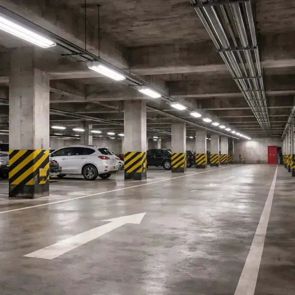 LED vapor tight light fixtures illuminating a commercial parking garage with sealed, moisture-resistant housings