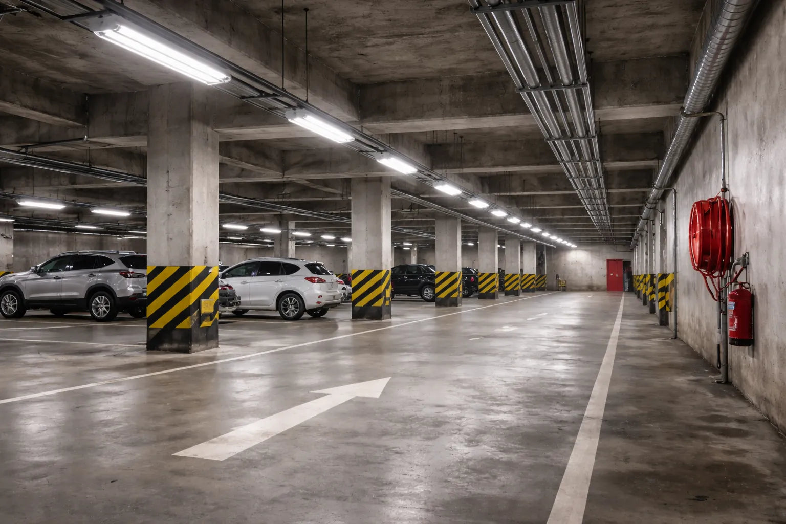 LED vapor tight light fixtures illuminating a commercial parking garage with sealed, moisture-resistant housings