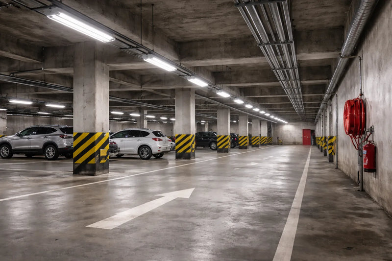 LED vapor tight light fixtures illuminating a commercial parking garage with sealed, moisture-resistant housings