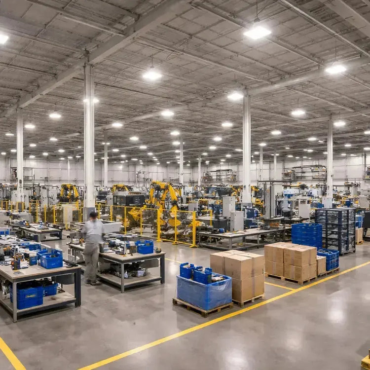 LED factory lighting illuminating a large commercial manufacturing facility with high ceilings, production lines, and uniform overhead light