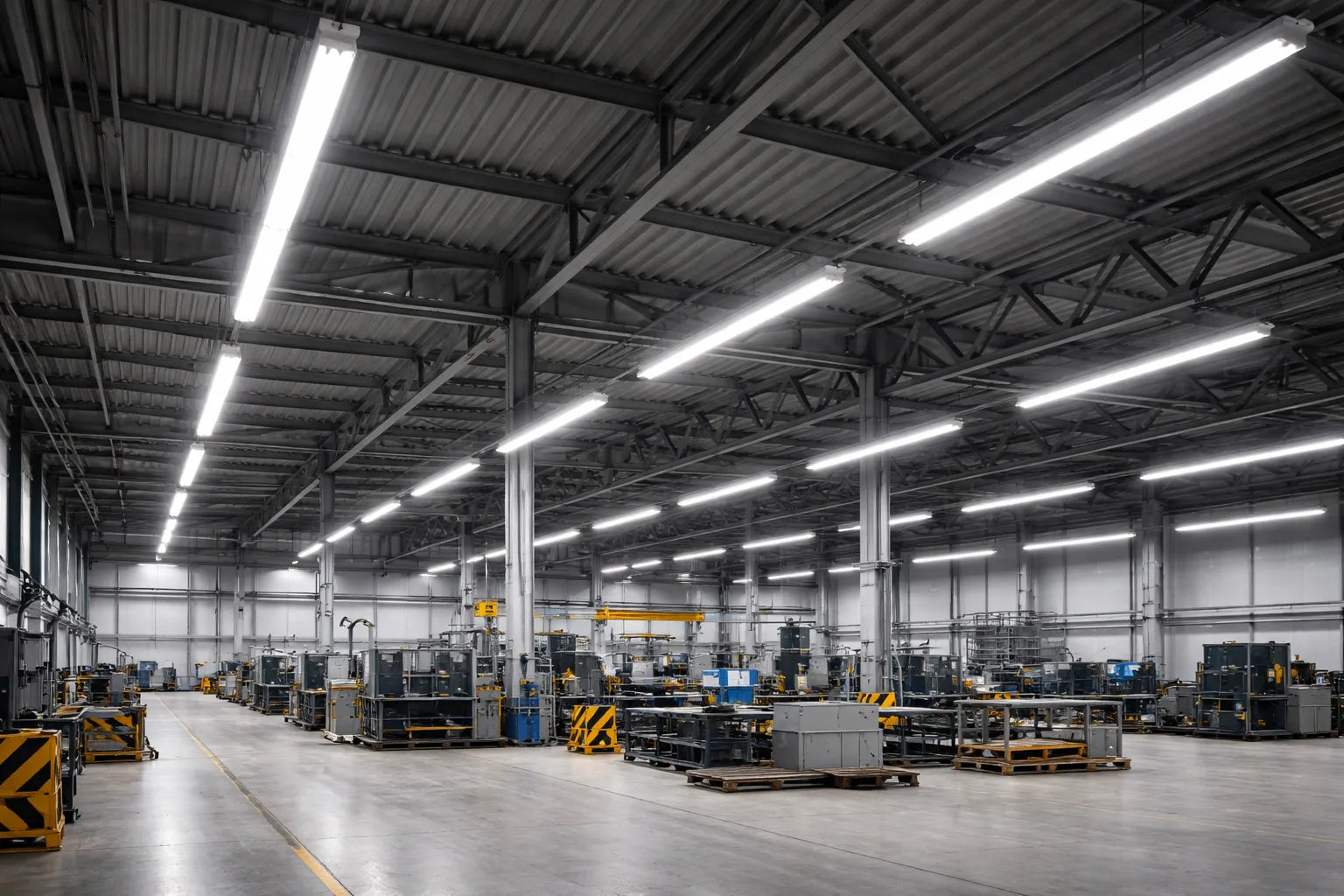 Commercial T8 LED tube lights installed in linear fixtures inside a factory setting