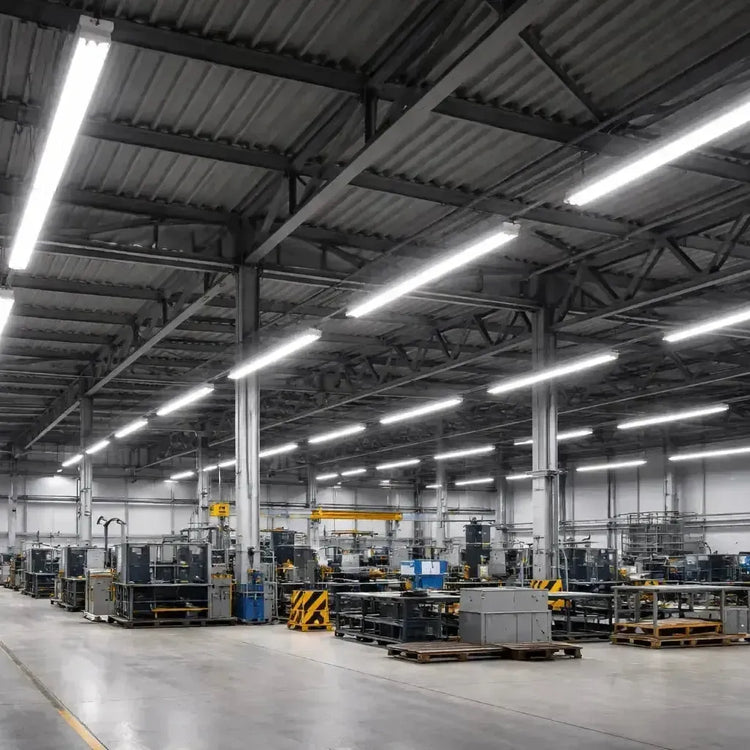 Commercial T8 LED tube lights installed in linear fixtures inside a factory setting