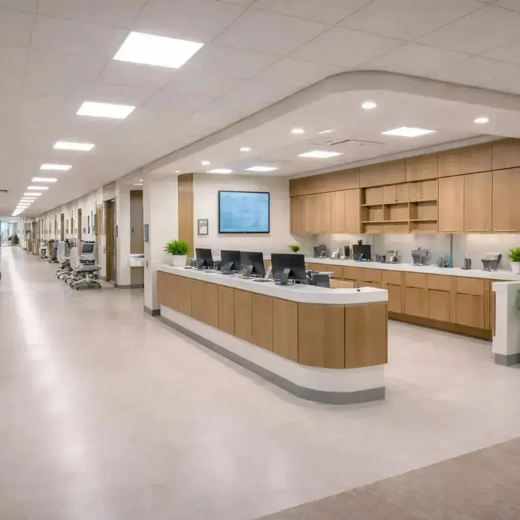 LED hospital and healthcare lighting illuminating a modern clinical corridor and nurse station with uniform, glare-controlled light