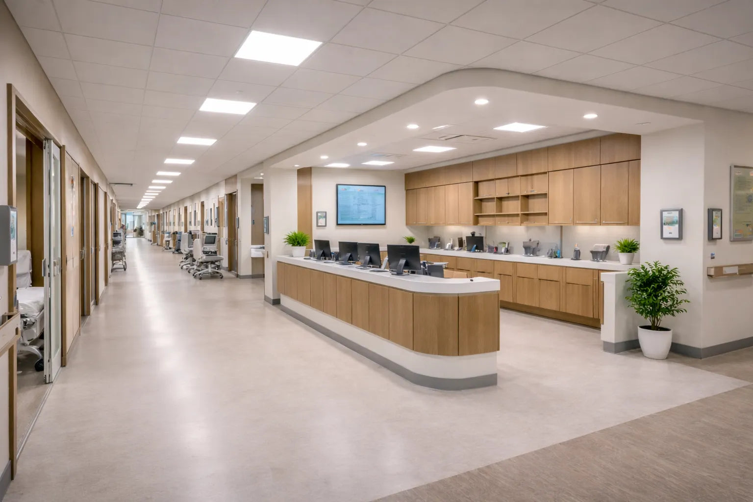 LED hospital and healthcare lighting illuminating a modern clinical corridor and nurse station with uniform, glare-controlled light