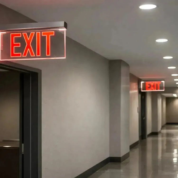 LED edge-lit exit and emergency lighting with red EXIT lettering illuminating a commercial corridor to support life-safety and code-compliant egress