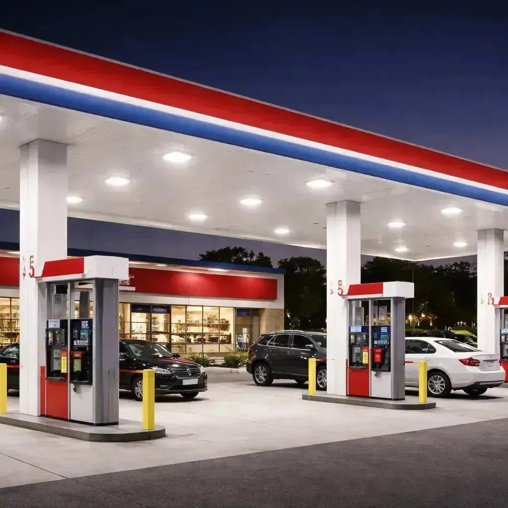 LED canopy lights illuminating a modern commercial gas station with bright, uniform lighting for safety, visibility, and site performance