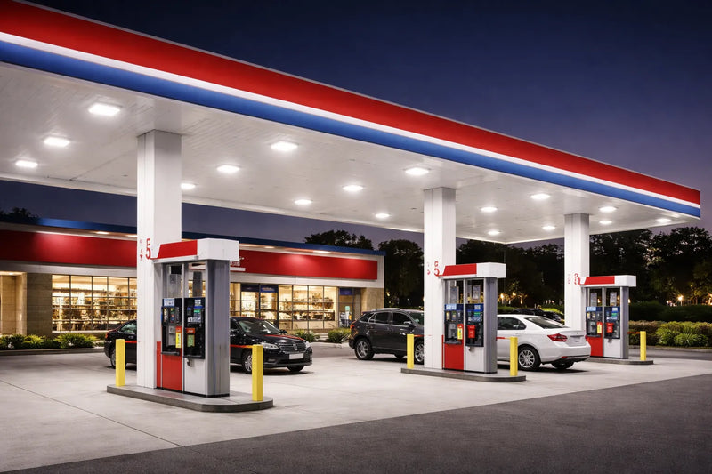 LED canopy lights illuminating a modern commercial gas station with bright, uniform lighting for safety, visibility, and site performance