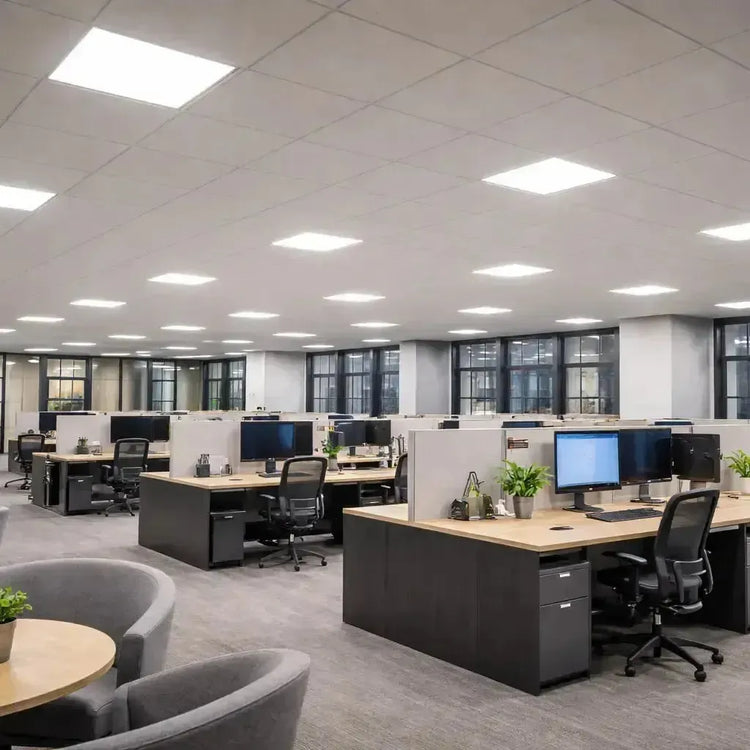 LED ceiling lights providing uniform, glare-controlled illumination in a commercial office environment for visual comfort and operational efficiency