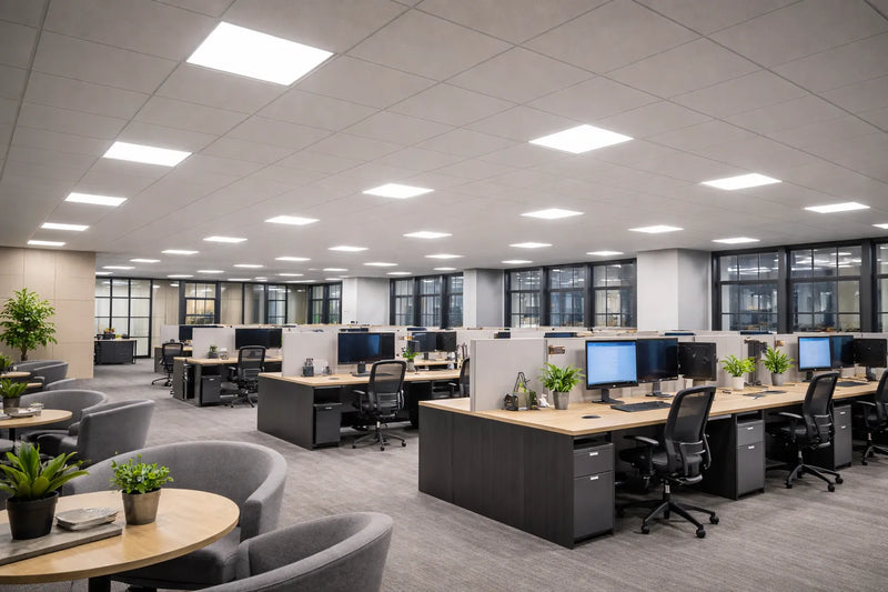 LED ceiling lights providing uniform, glare-controlled illumination in a commercial office environment for visual comfort and operational efficiency