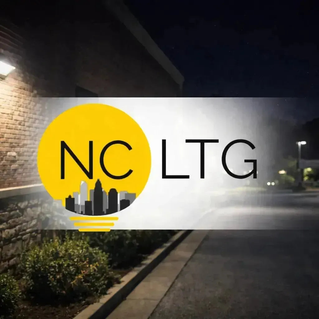 NCLTG LED wall pack and outdoor area lighting illuminating a commercial building exterior at night