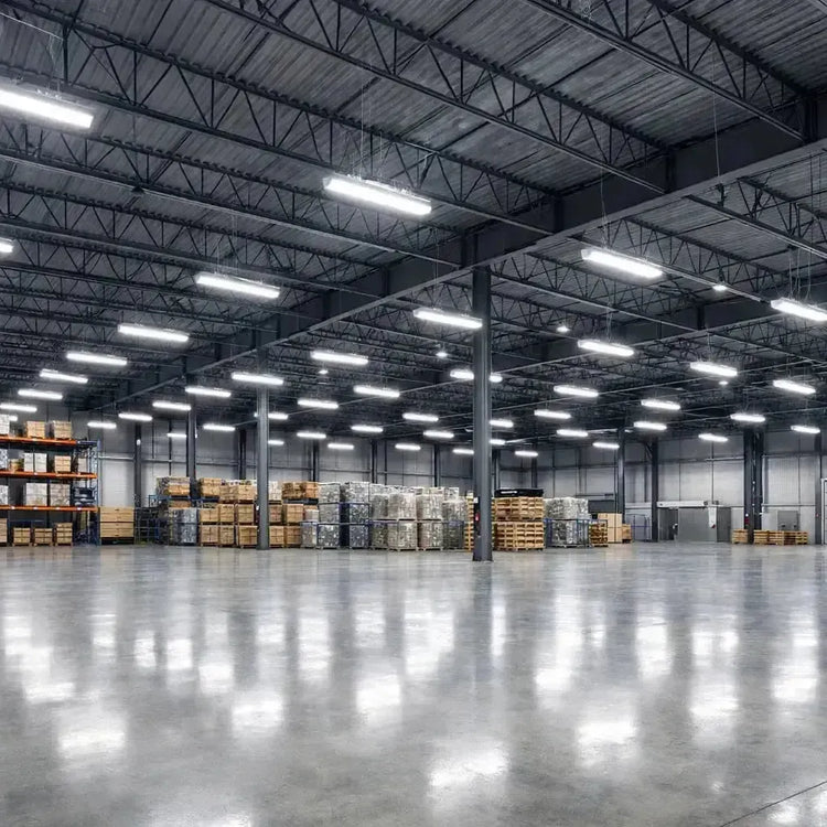 Industrial LED lighting using linear high bay lights in a warehouse facility