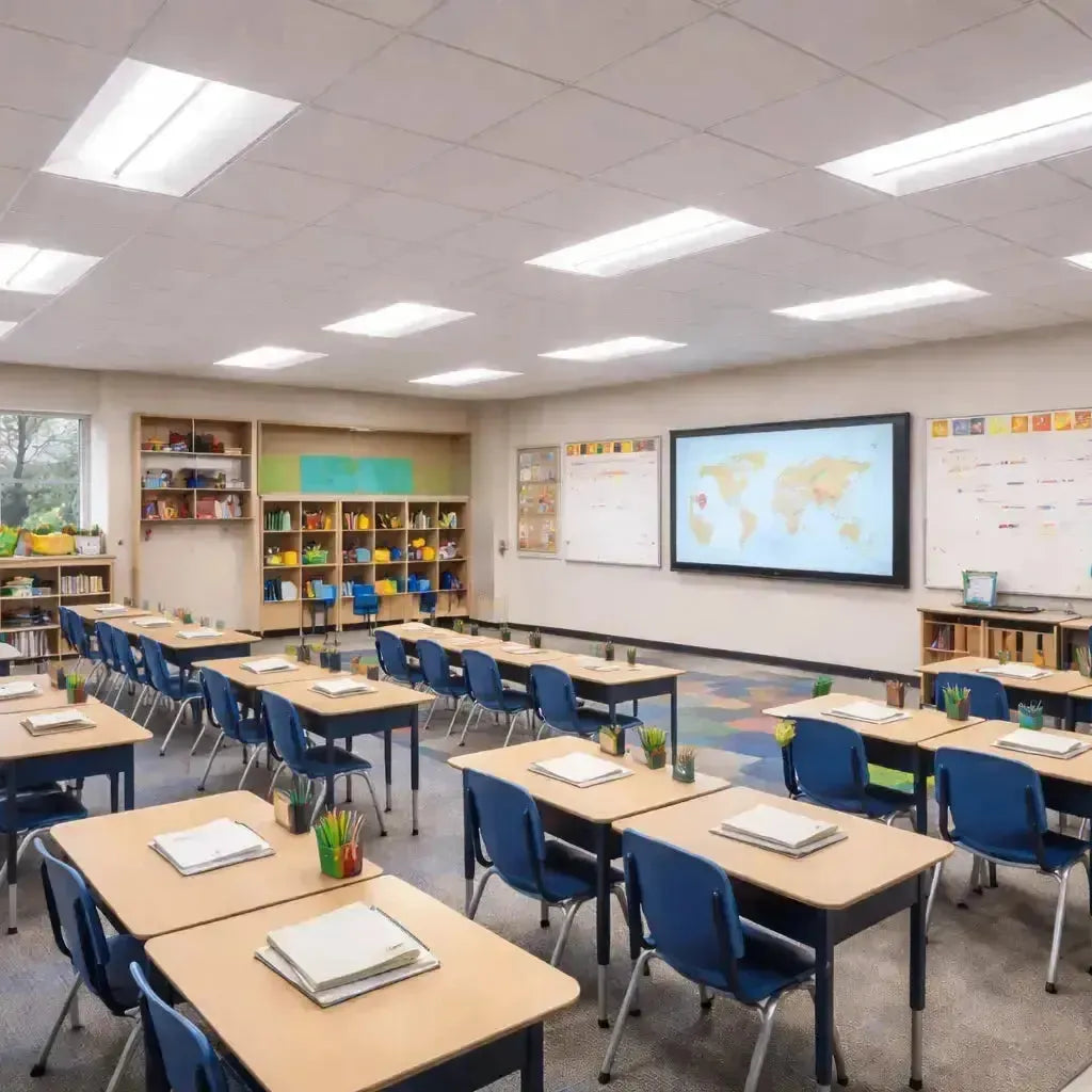 Center basket LED troffer lights illuminating a commercial school classroom with uniform, glare-controlled lighting over student desks