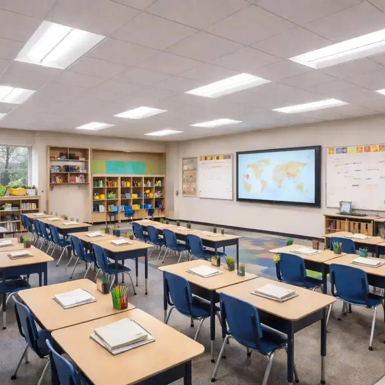 Center basket LED troffer lights illuminating a commercial school classroom with uniform, glare-controlled lighting over student desks