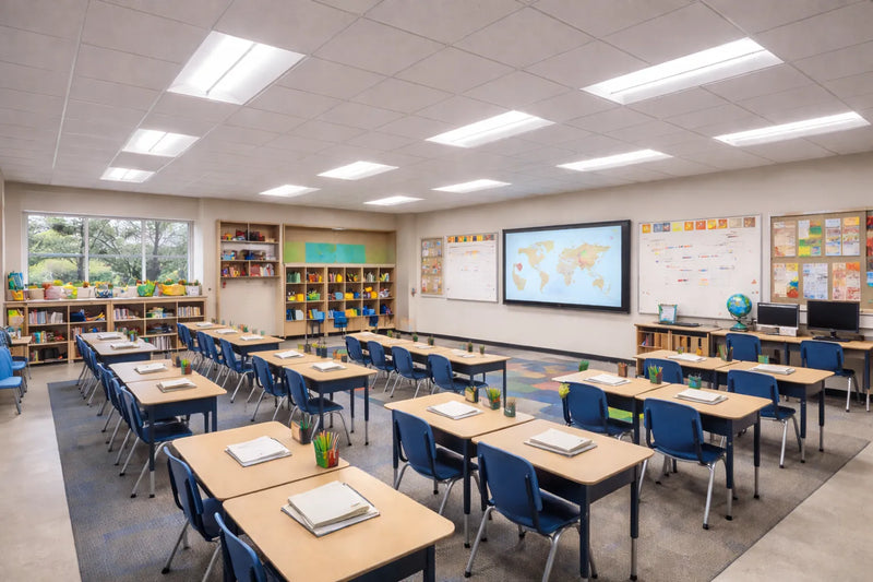 Center basket LED troffer lights illuminating a commercial school classroom with uniform, glare-controlled lighting over student desks