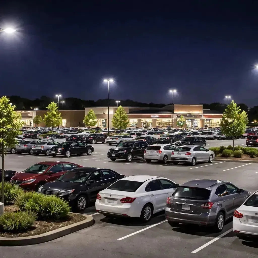 LED area lights illuminating a commercial parking lot at night with uniform light distribution for visibility and site safety