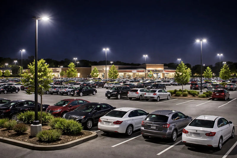 LED area lights illuminating a commercial parking lot at night with uniform light distribution for visibility and site safety