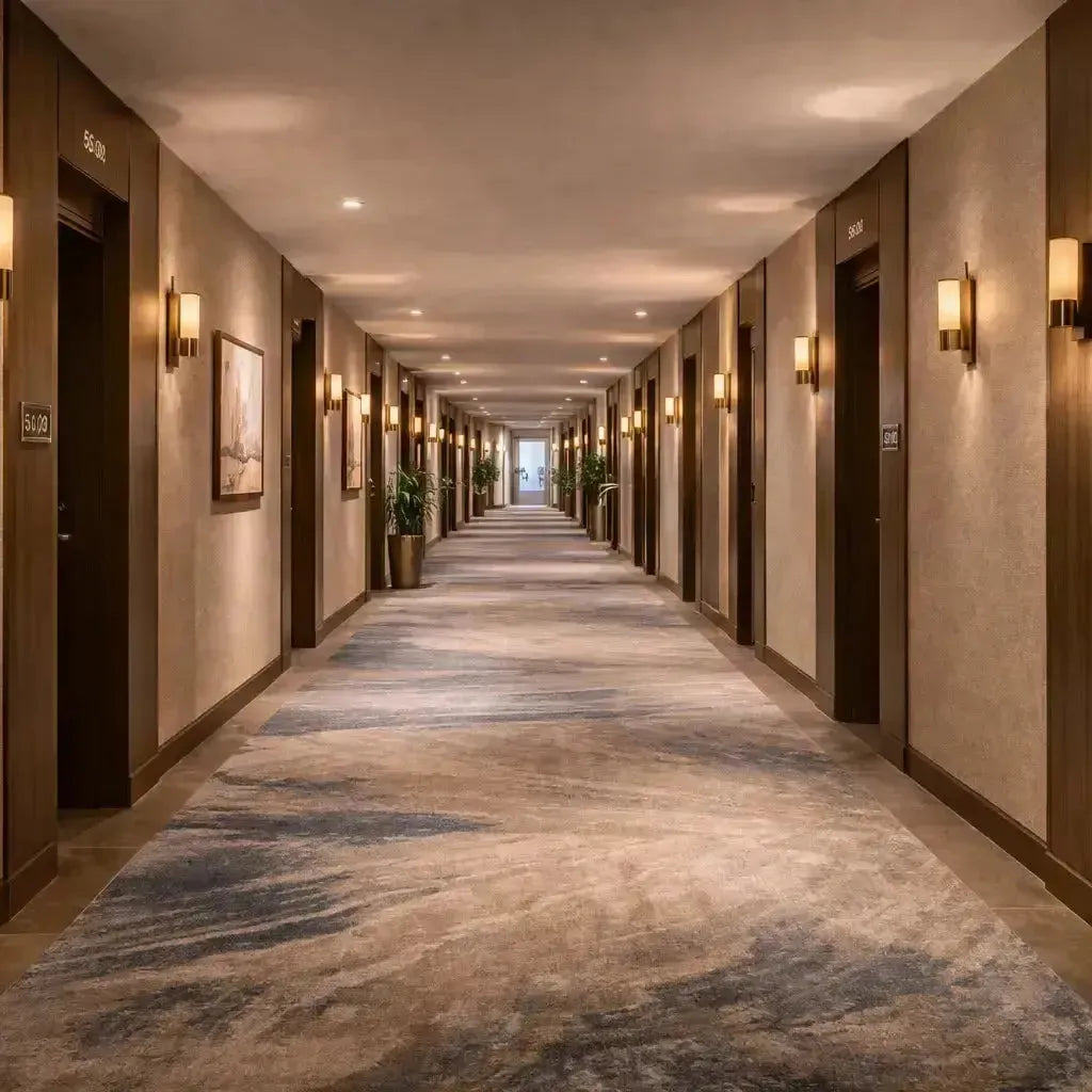 LED CFL retrofit lamps illuminating an upscale commercial hotel corridor with wall-mounted sconces and uniform ambient lighting