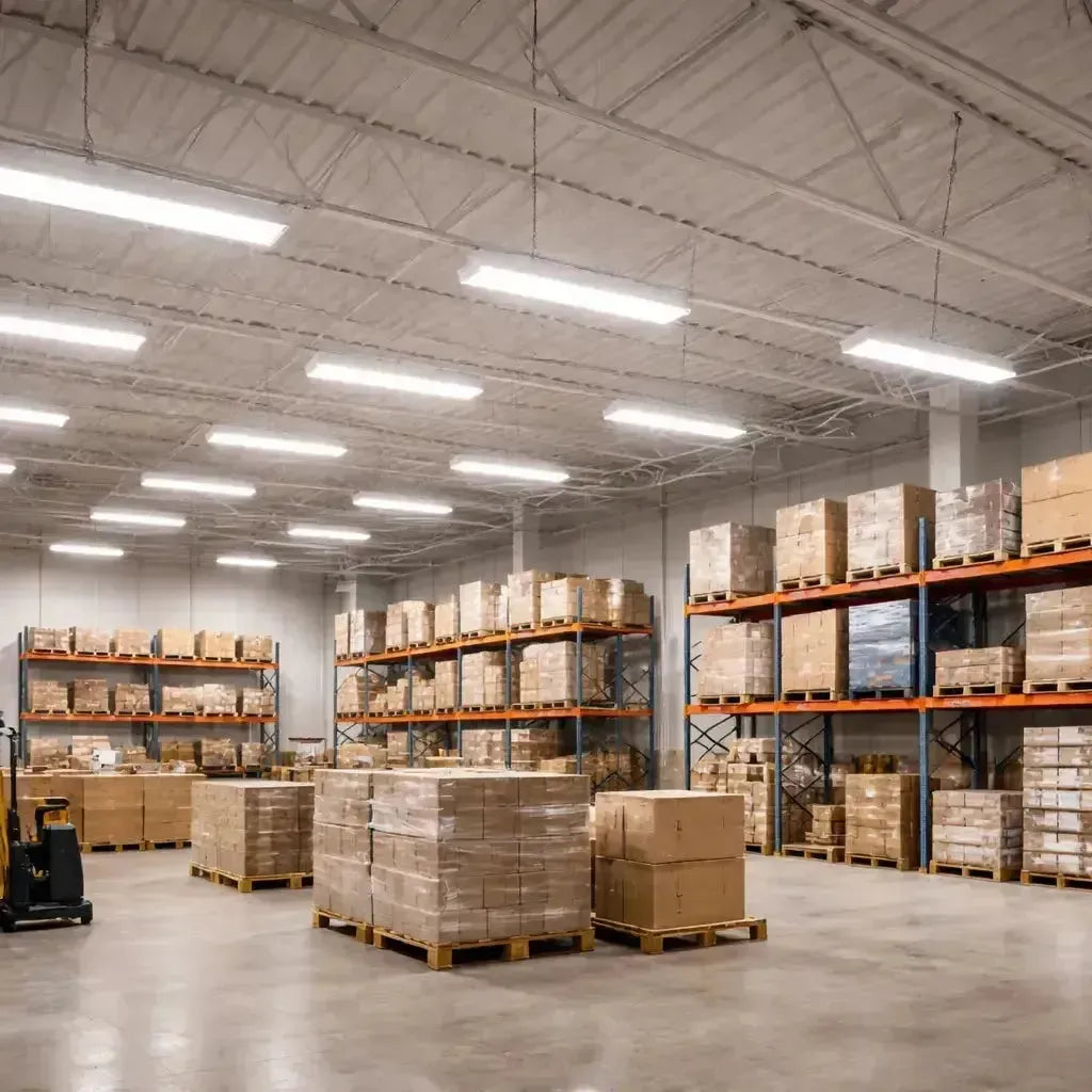 Linear LED high bay lights illuminating a commercial warehouse with uniform, high-output lighting for safe and efficient operations