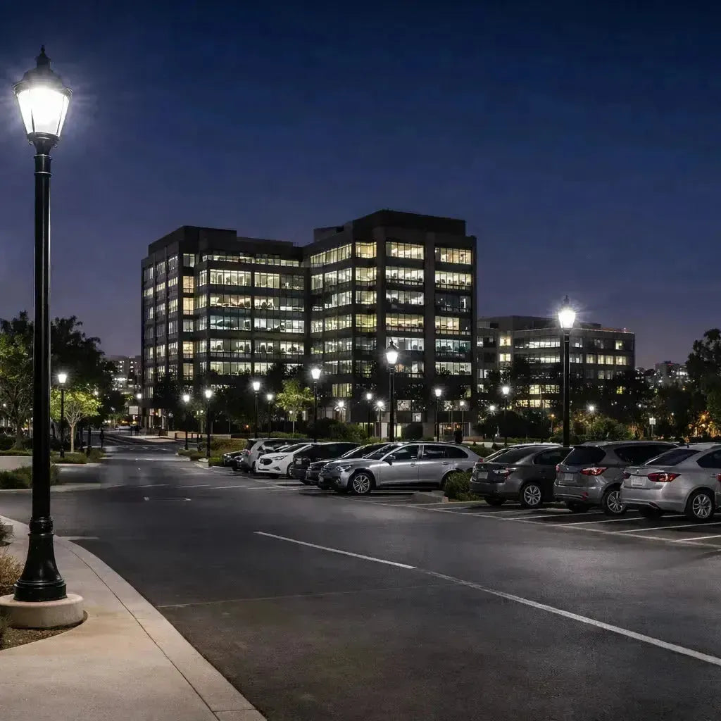 LED HID retrofit bulbs illuminating commercial post-top light fixtures in an office campus parking lot at night with uniform site lighting
