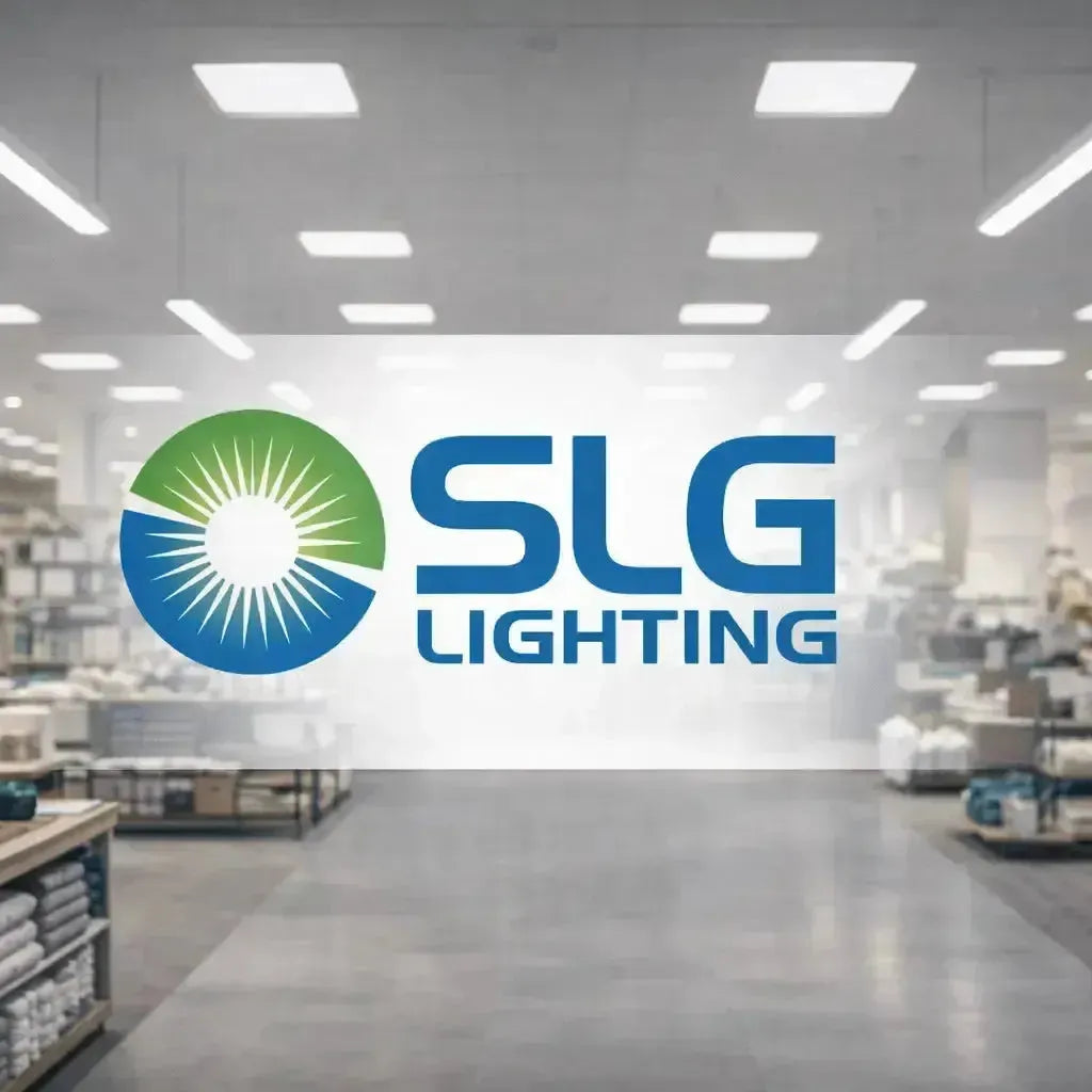 SLG Lighting LED linear pendant lights, LED panel lights, and center basket LED troffers used in a modern commercial retail environment