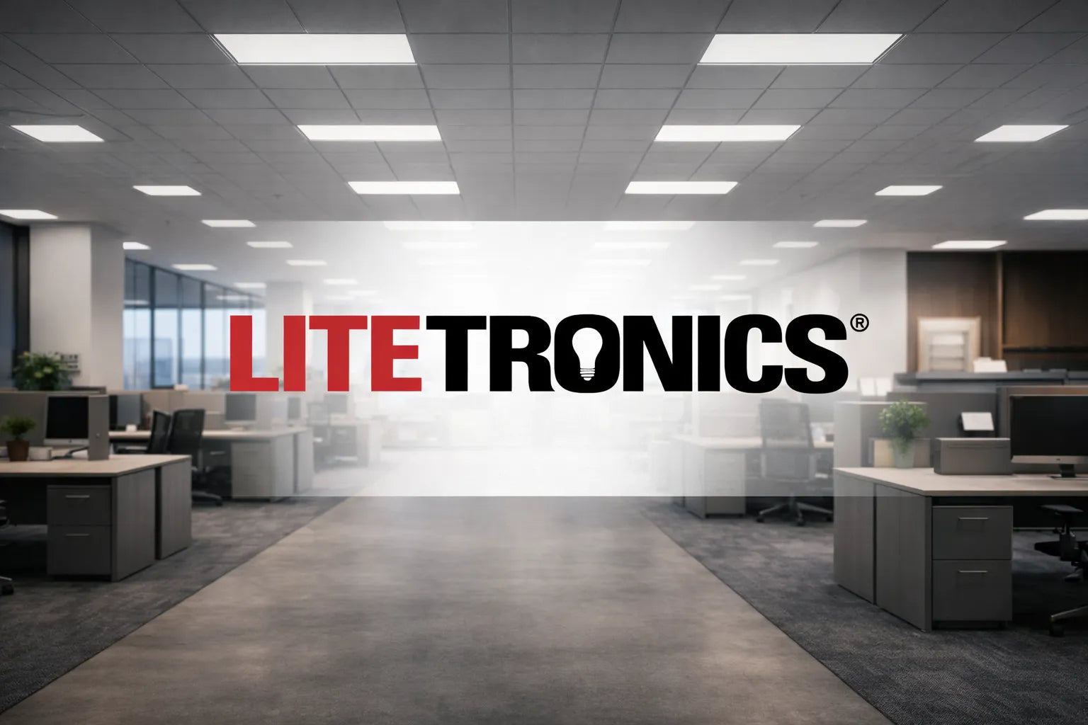 Litetronics LED panel troffer lighting used in a modern commercial office environment