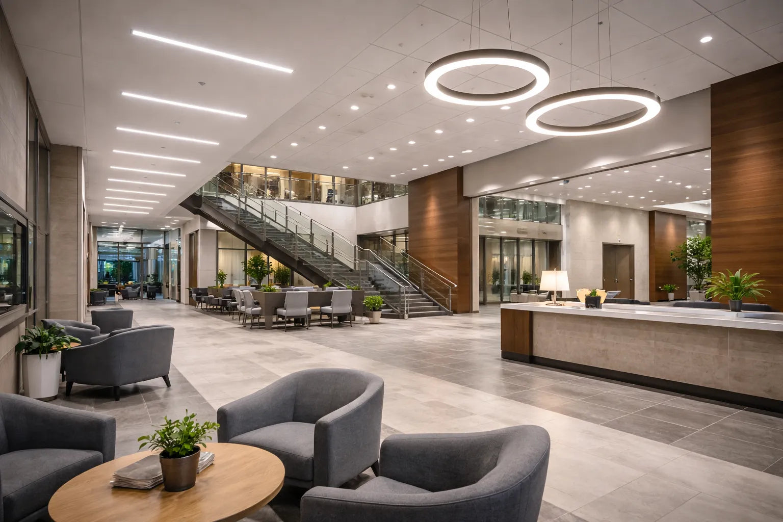 LED commercial lighting illuminating a modern professional interior with balanced light distribution for visual comfort and operational efficiency