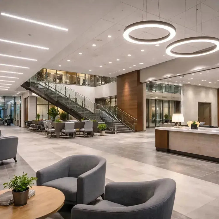LED commercial lighting illuminating a modern professional interior with balanced light distribution for visual comfort and operational efficiency