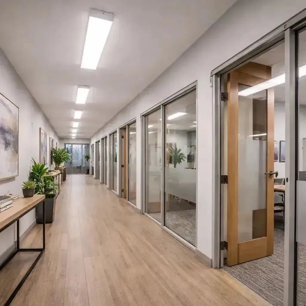 LED wraparound lights illuminating a commercial office hallway with continuous, uniform corridor lighting