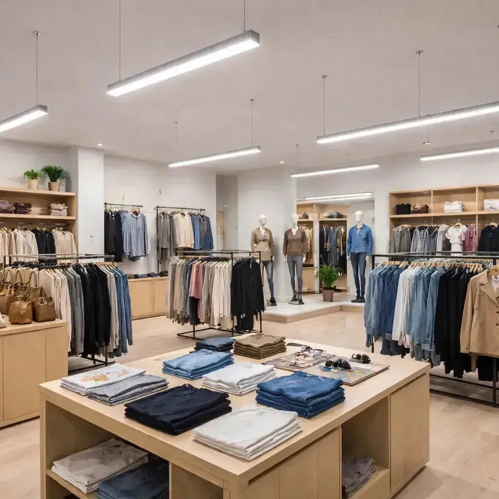 Linear LED pendant lights illuminating a commercial retail store with evenly distributed light over merchandise displays
