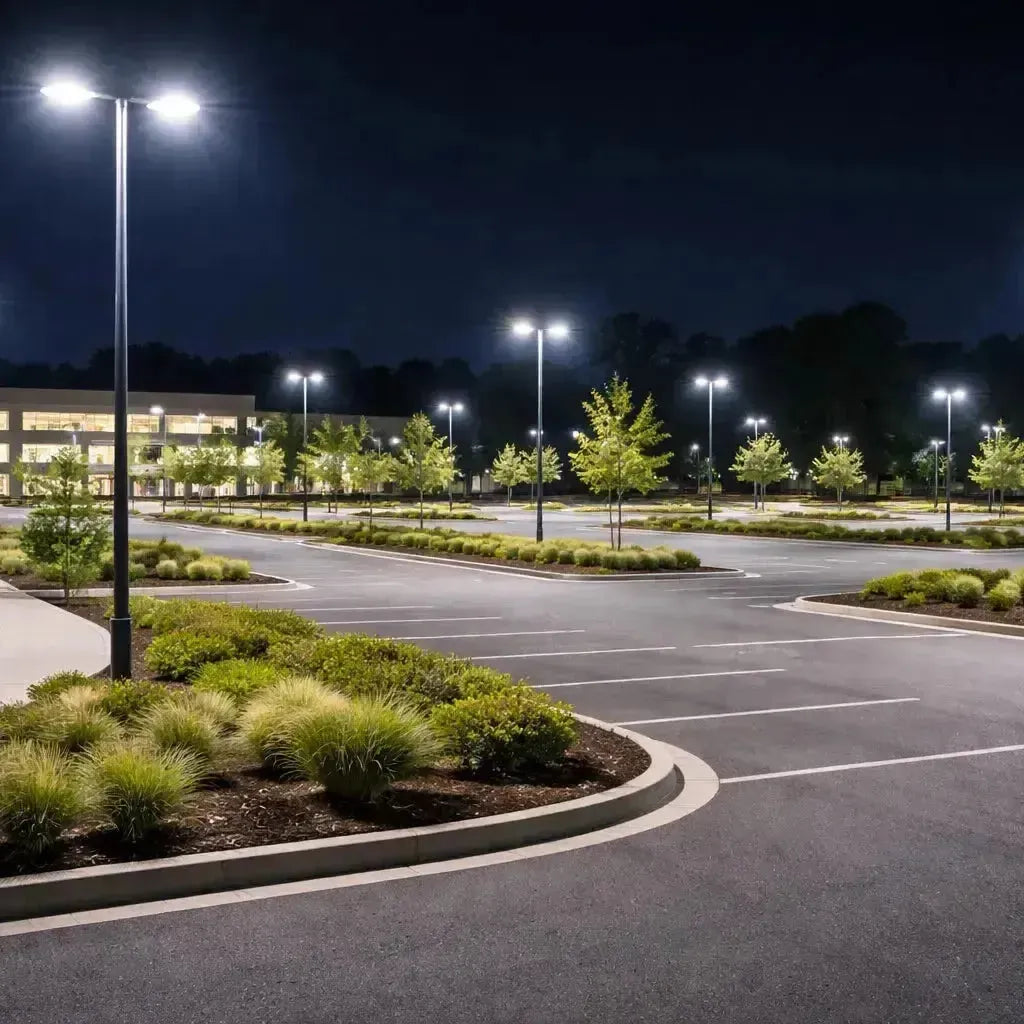 LED site lighting illuminating a commercial parking lot and pedestrian areas to improve visibility, safety, and nighttime site security