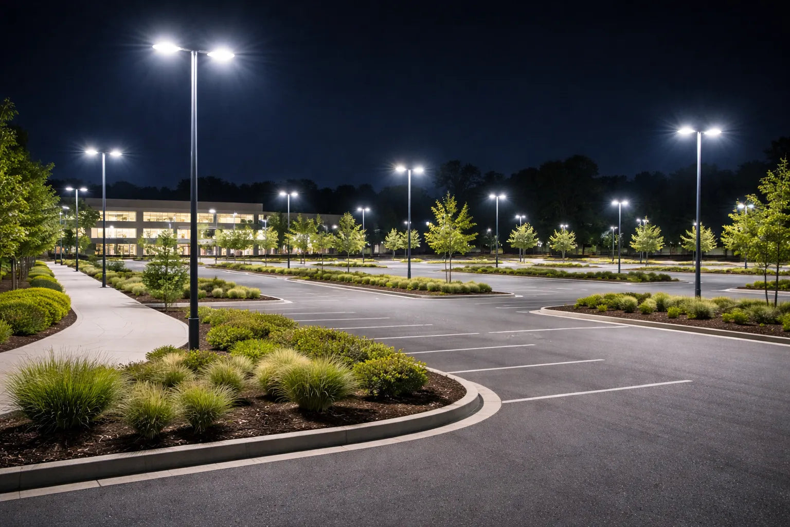 LED site lighting illuminating a commercial parking lot and pedestrian areas to improve visibility, safety, and nighttime site security