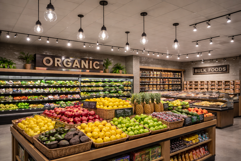A15 LED bulbs illuminating a commercial retail produce area with pendant fixtures and uniform overhead lighting