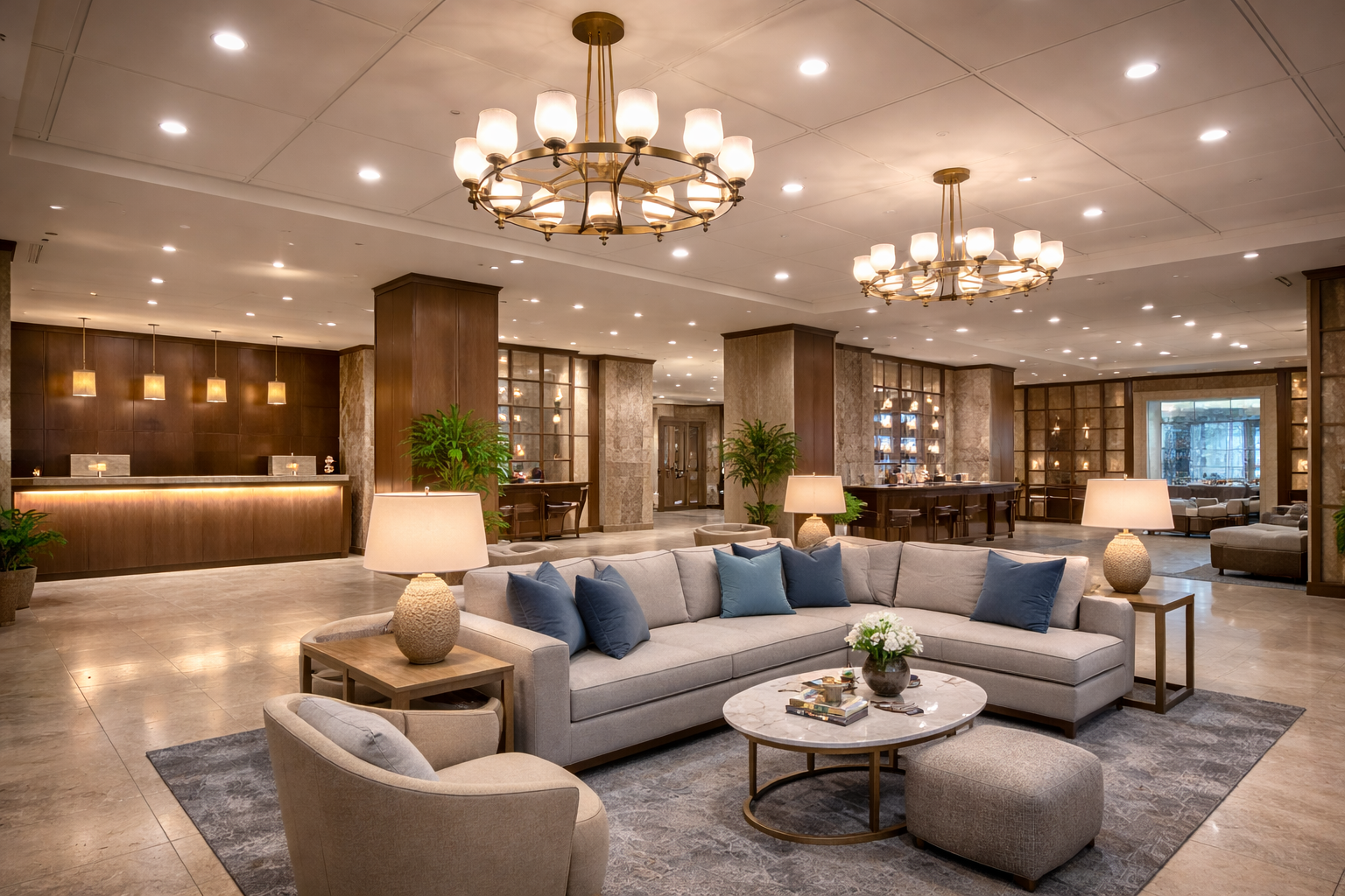 A19 LED bulbs illuminating a commercial hotel lobby with chandeliers and ambient architectural lighting