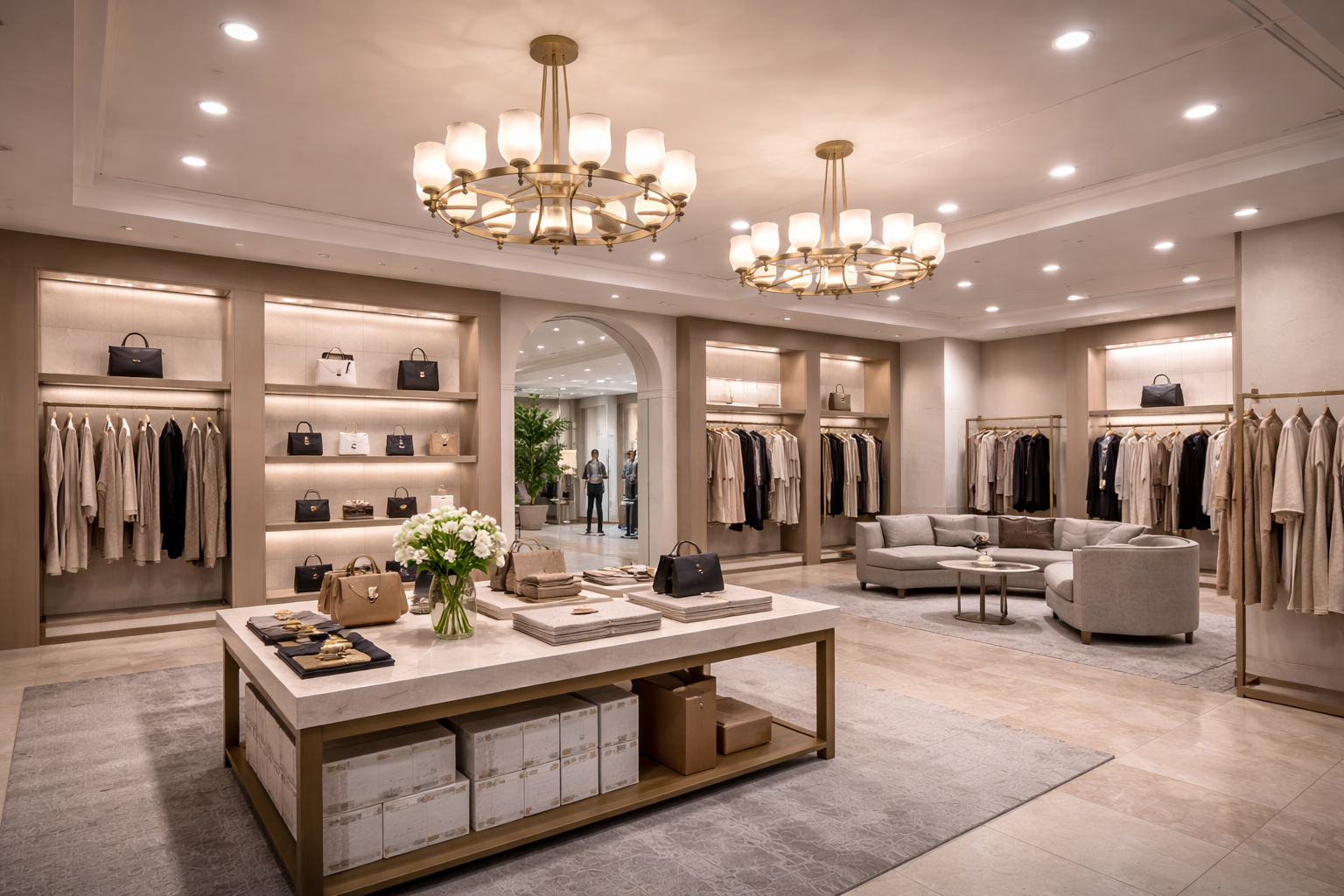 A21 LED bulbs illuminating an upscale commercial interior with chandeliers and recessed lighting in a high-end hospitality and retail environment