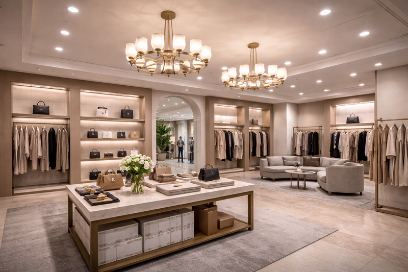 A21 LED bulbs illuminating an upscale commercial interior with chandeliers and recessed lighting in a high-end hospitality and retail environment