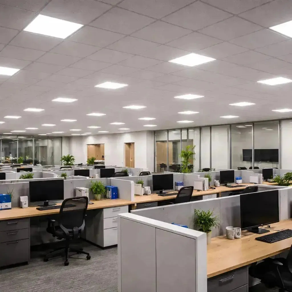 LED panel lights providing uniform illumination in a commercial office with a suspended ceiling grid