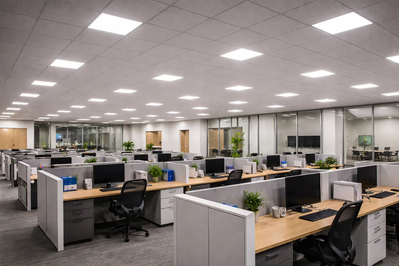 LED panel lights providing uniform illumination in a commercial office with a suspended ceiling grid