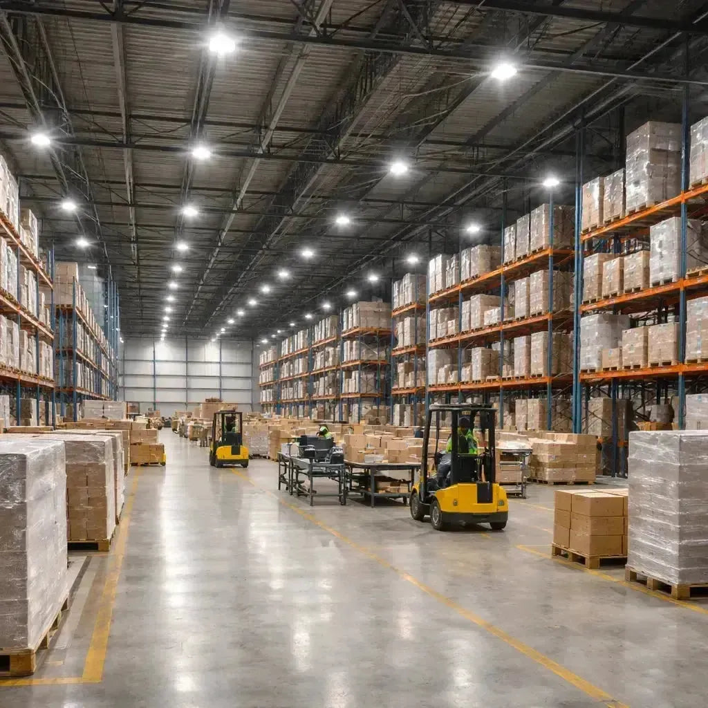 LED warehouse lighting illuminating a large commercial distribution facility with high ceilings, pallet racking, and uniform overhead light