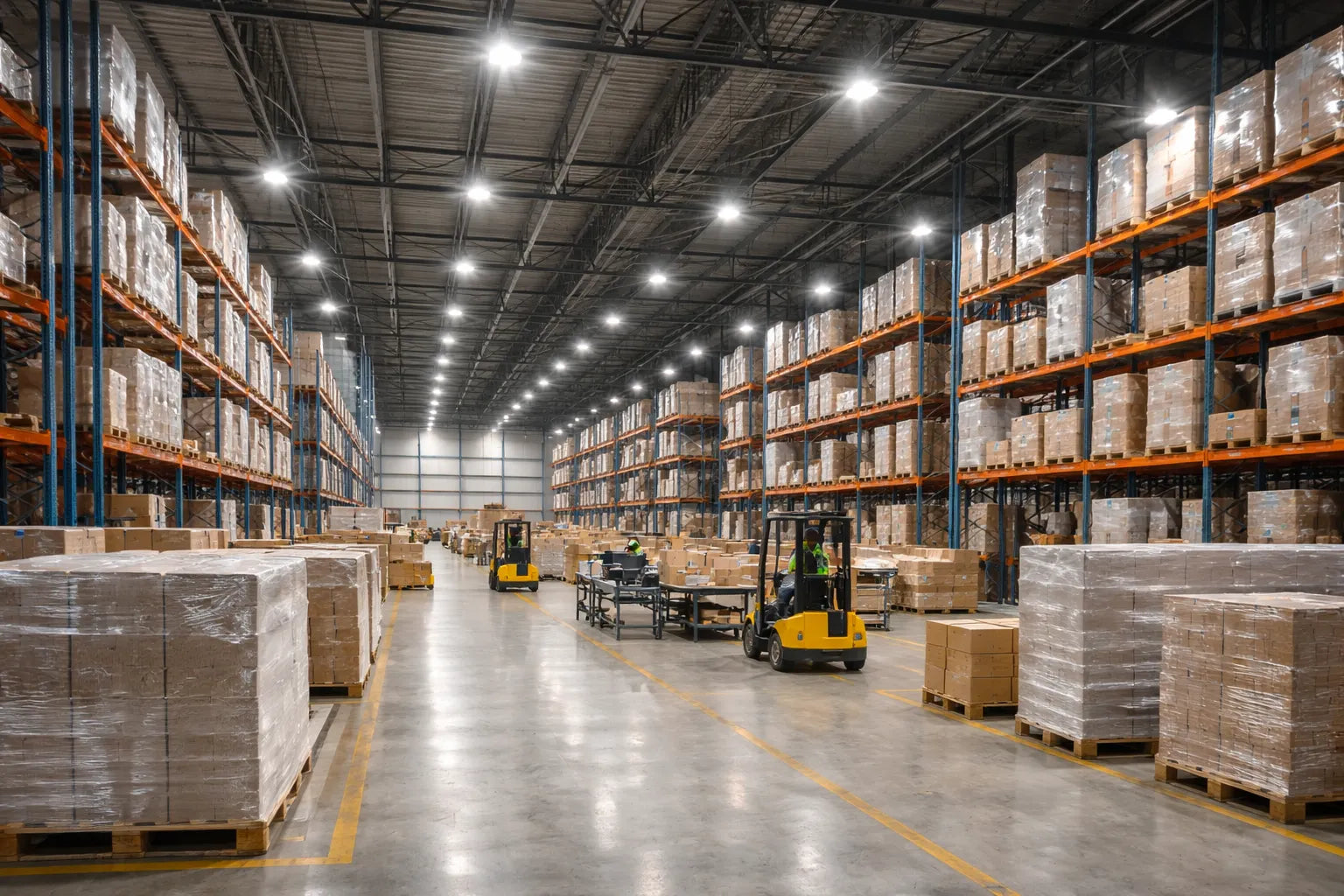 LED warehouse lighting illuminating a large commercial distribution facility with high ceilings, pallet racking, and uniform overhead light