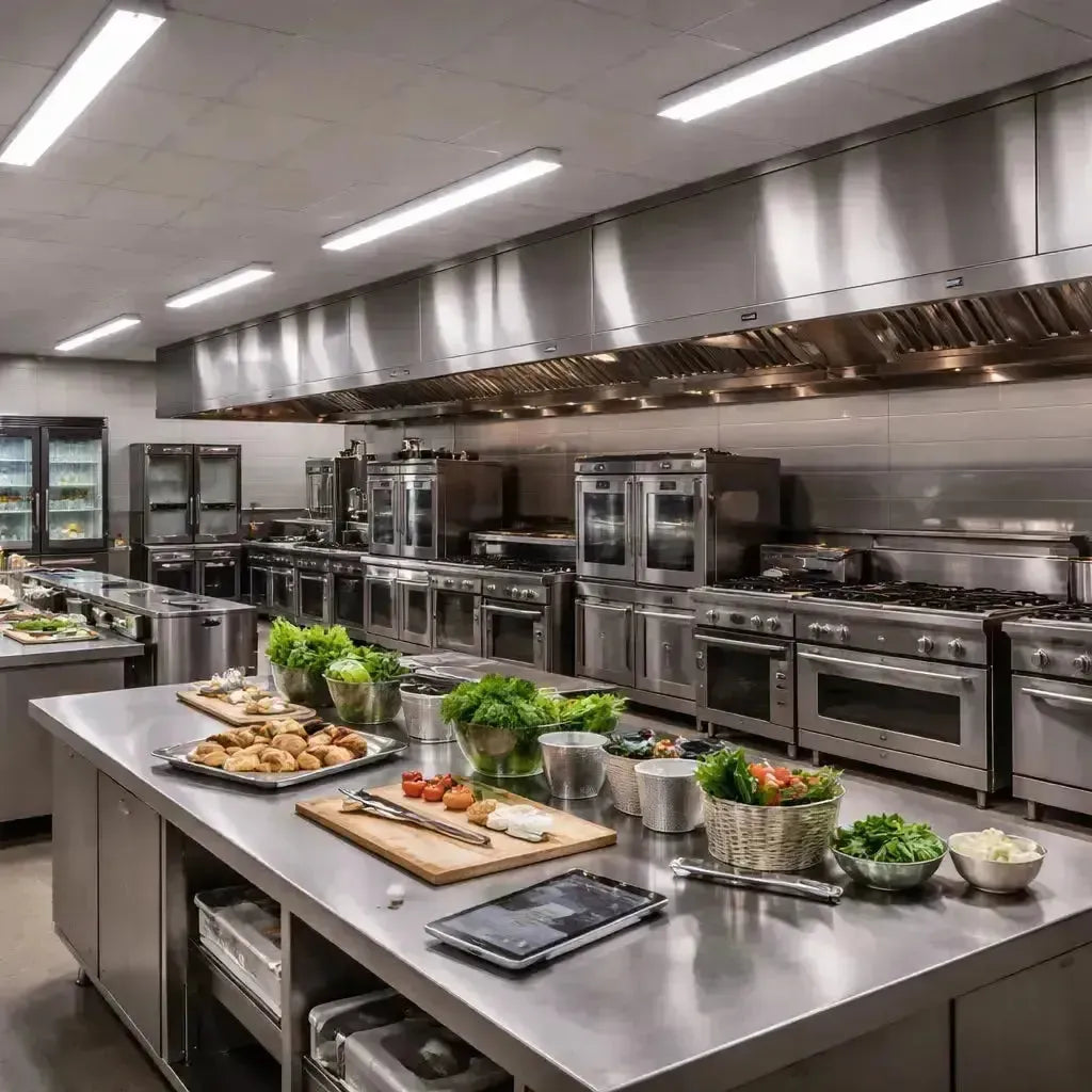 LED linear tube lighting installed in a professional commercial kitchen with stainless steel equipment and evenly illuminated prep areas