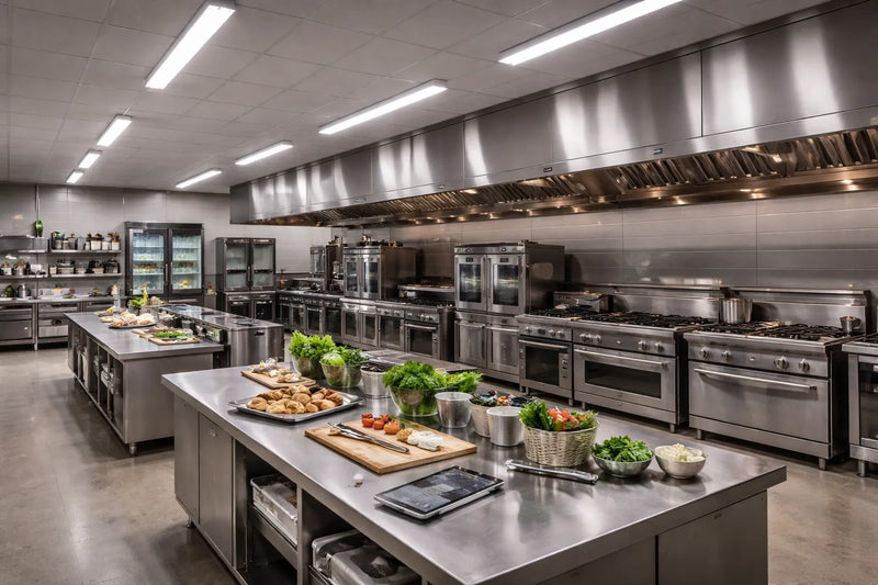 LED linear tube lighting installed in a professional commercial kitchen with stainless steel equipment and evenly illuminated prep areas