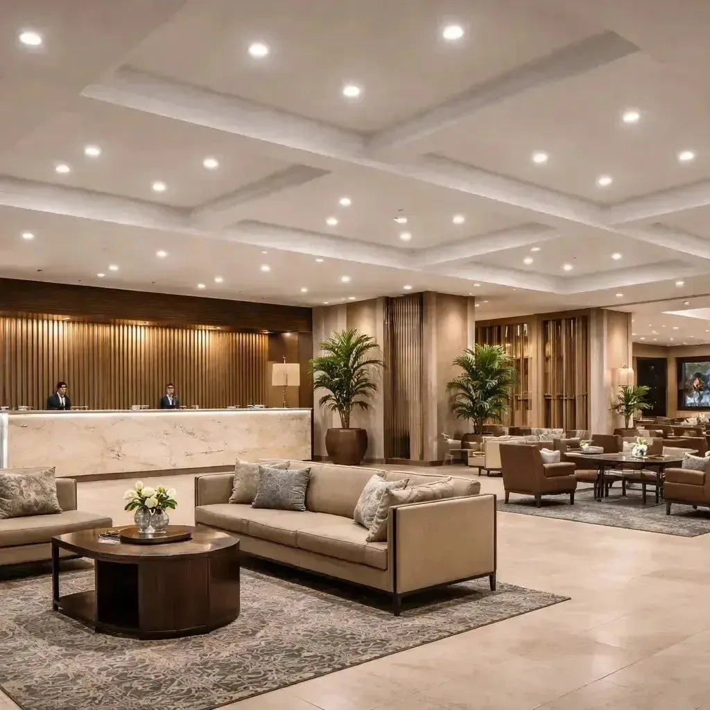 LED recessed lighting illuminating a commercial hotel lobby with evenly distributed ambient light