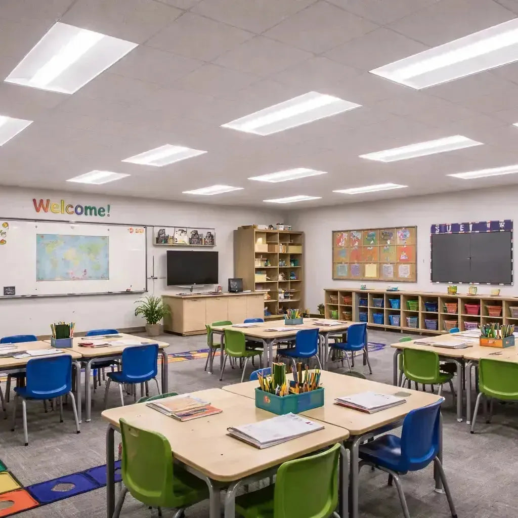 Center basket LED troffer lights illuminating a commercial classroom with a suspended ceiling grid