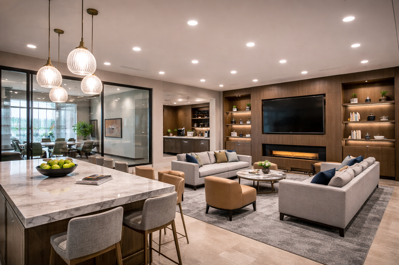 BR20 LED bulbs providing recessed accent lighting in a high-end commercial office lounge with seating areas and architectural finishes