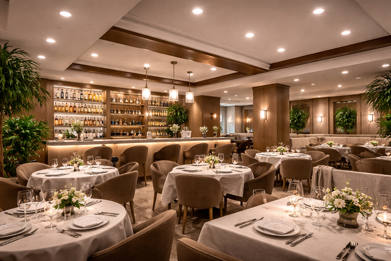 BR30 LED bulbs providing recessed ambient lighting in an upscale commercial restaurant with dining tables and bar seating