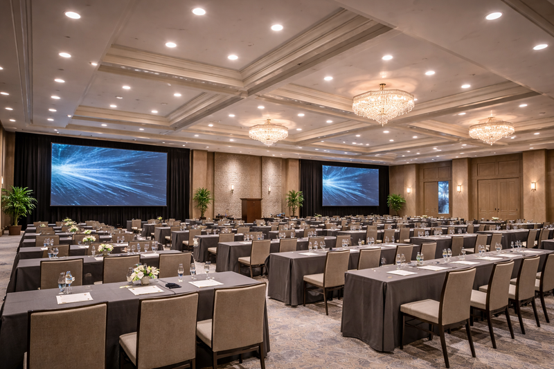 BR40 LED bulbs providing wide-beam recessed lighting in a commercial hotel conference ballroom with high ceilings and evenly illuminated seating areas
