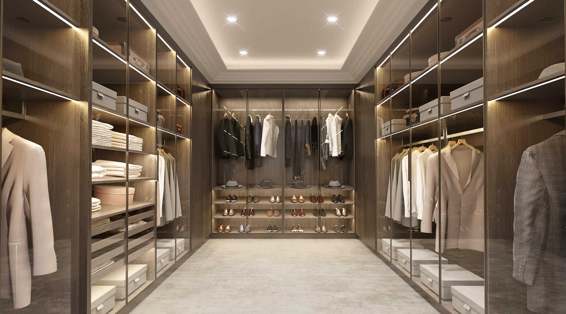 Closet lighting installed inside of luxury mens dressing area